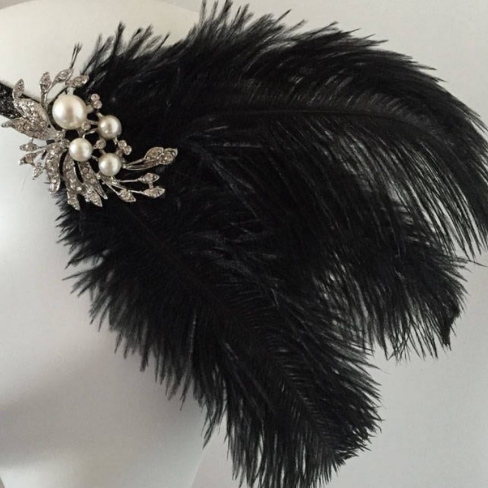 Art deco Ostrich Feather 20s Flapper Rhinestone Headband.